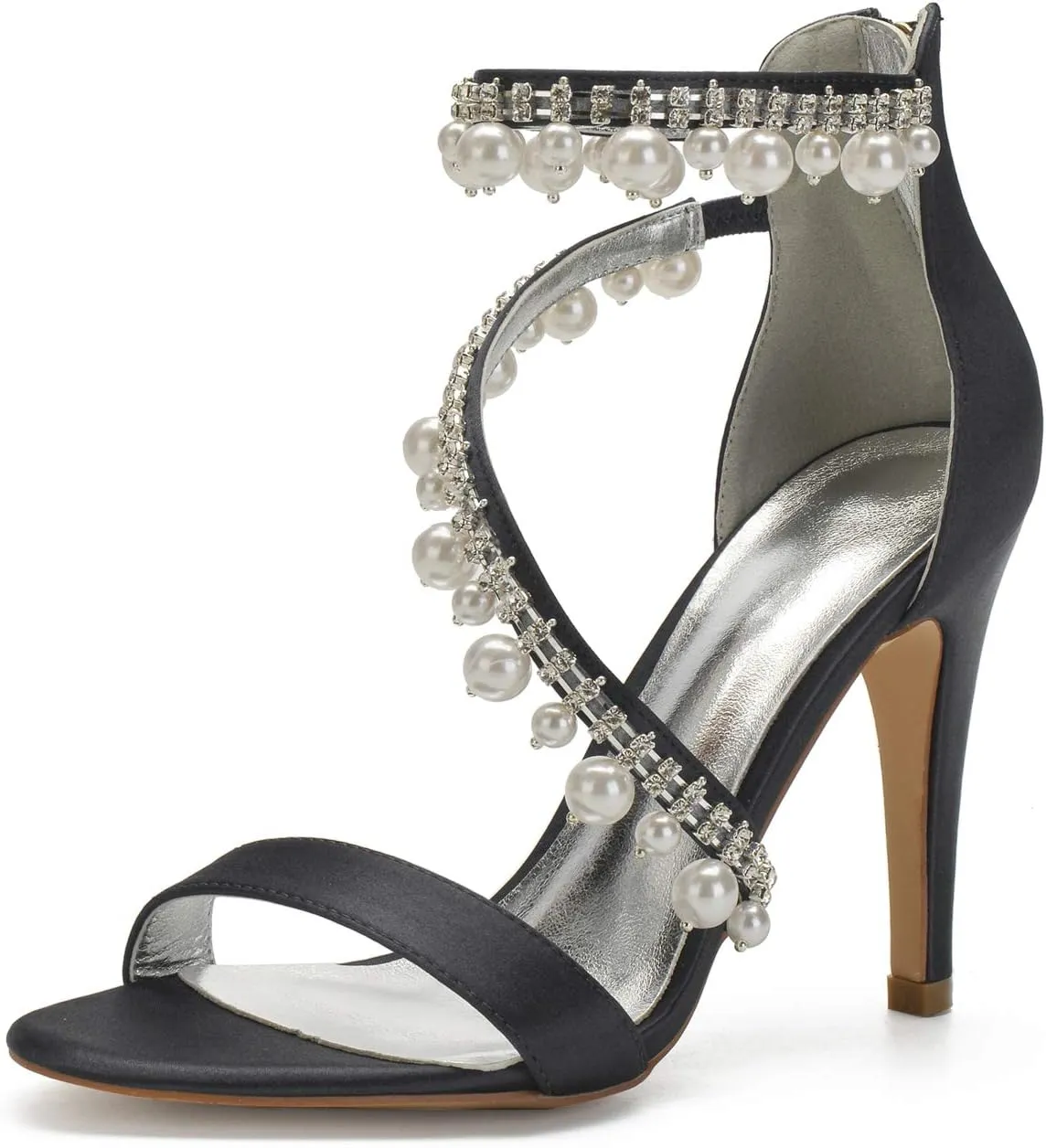 Women's High Heel Sandals Open Toe Ankle Strap Satin Crystal Wedding Shoes for Bride Formal Prom Party Dress Shoes Pump Sandals