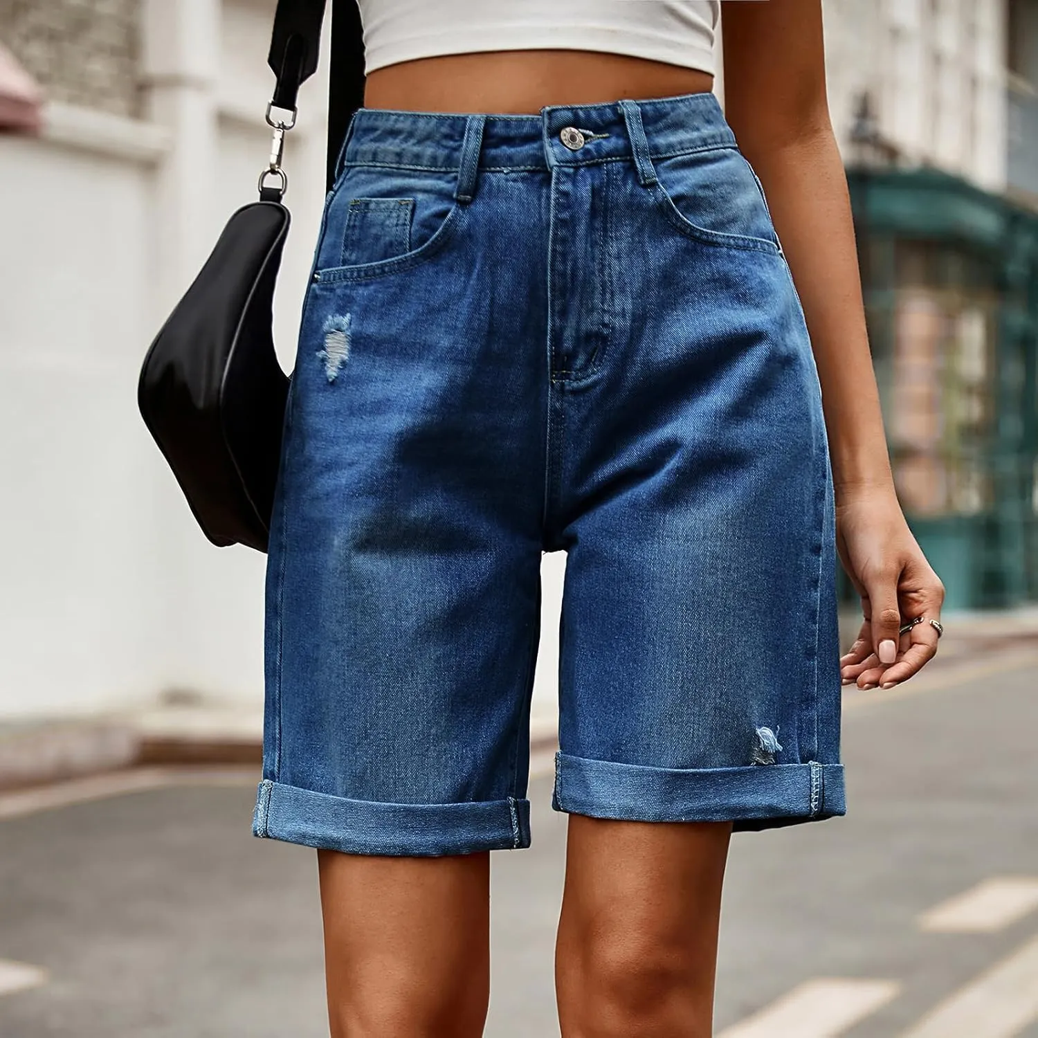 Women's High Waist Long Jean Shorts for Women Girls Denim Shorts Ripped Distressed Jeans Short