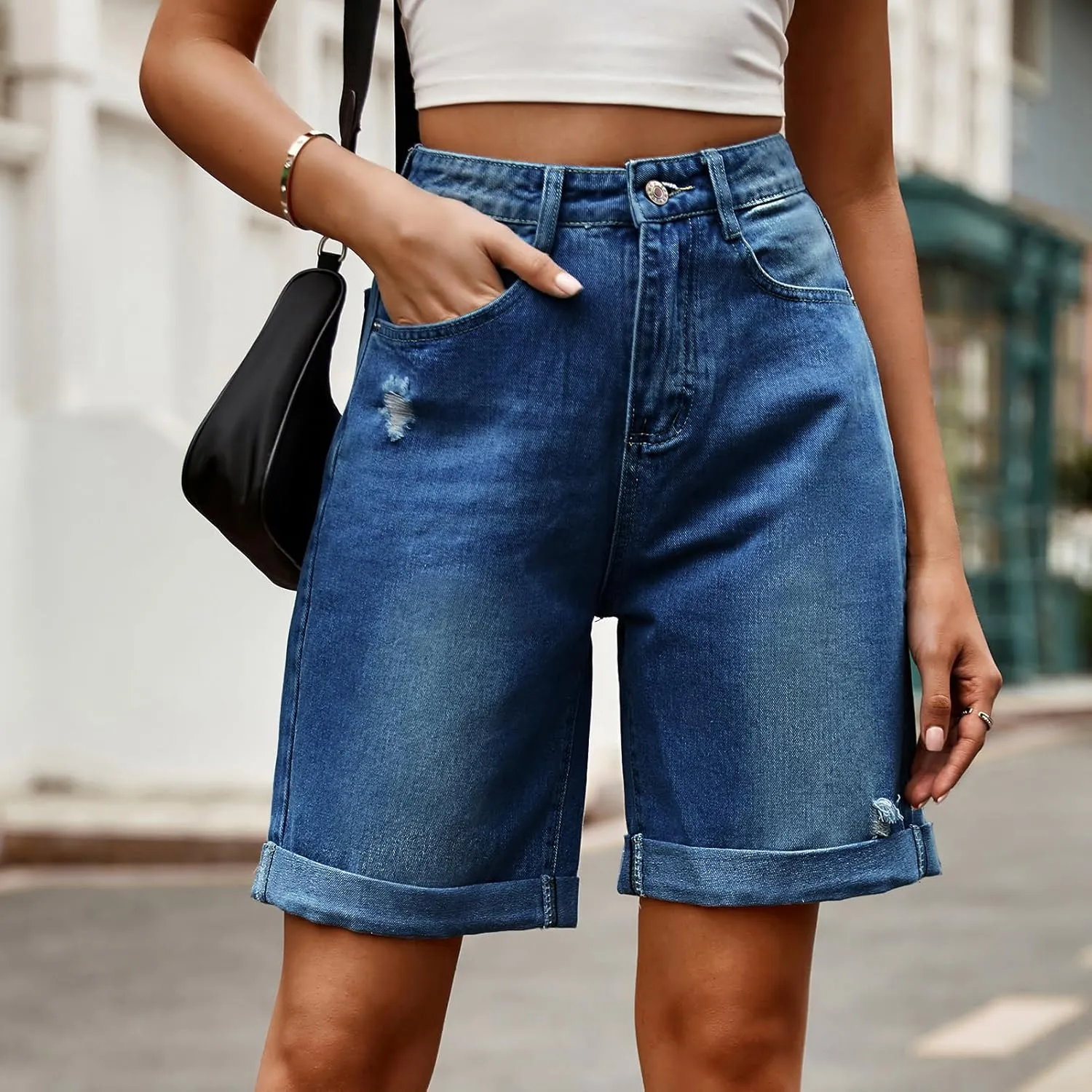 Women's High Waist Long Jean Shorts for Women Girls Denim Shorts Ripped Distressed Jeans Short