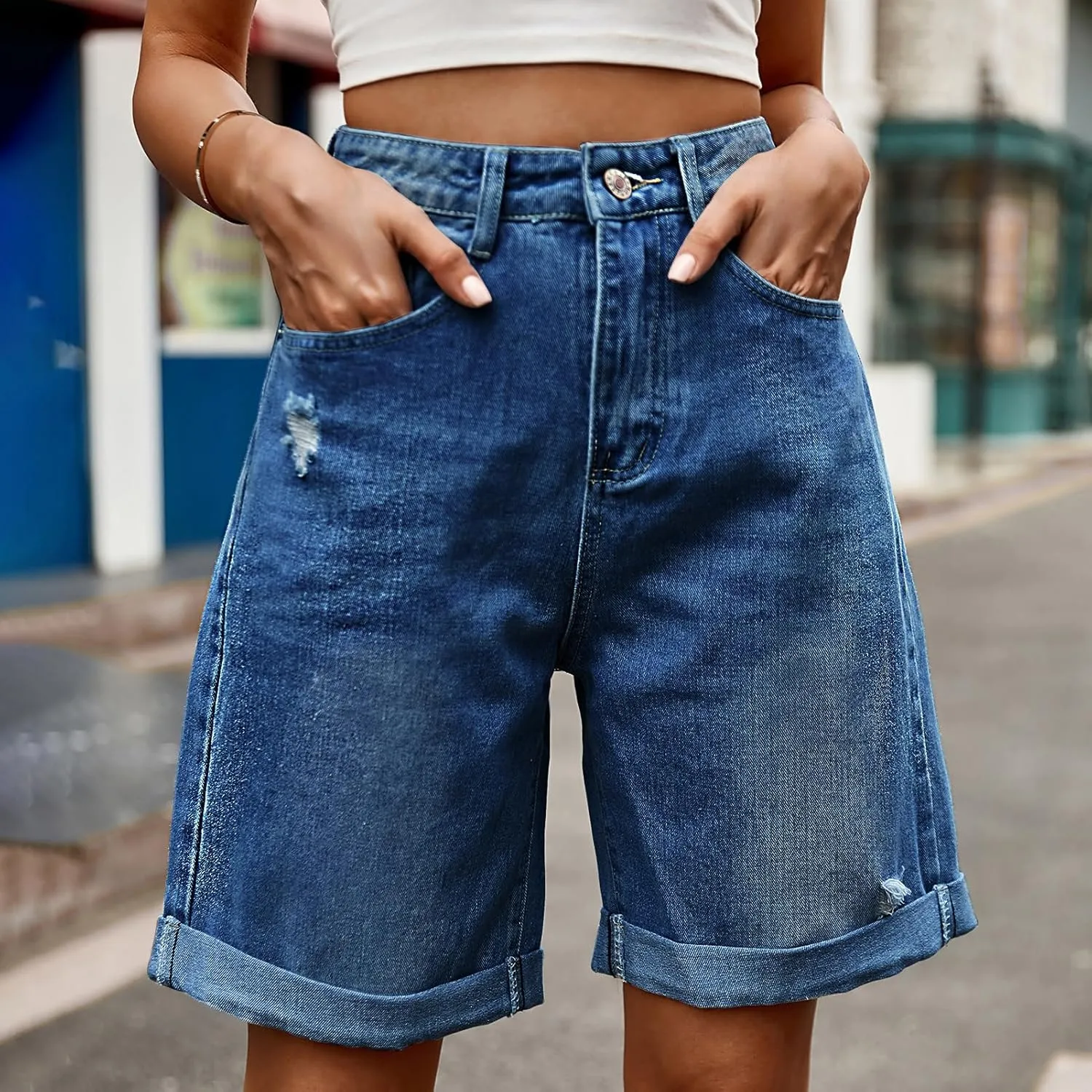 Women's High Waist Long Jean Shorts for Women Girls Denim Shorts Ripped Distressed Jeans Short