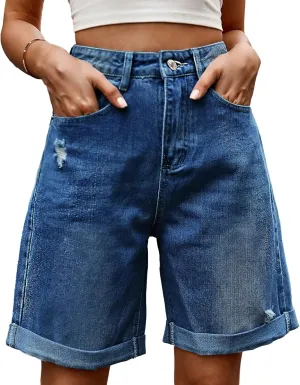 Women's High Waist Long Jean Shorts for Women Girls Denim Shorts Ripped Distressed Jeans Short