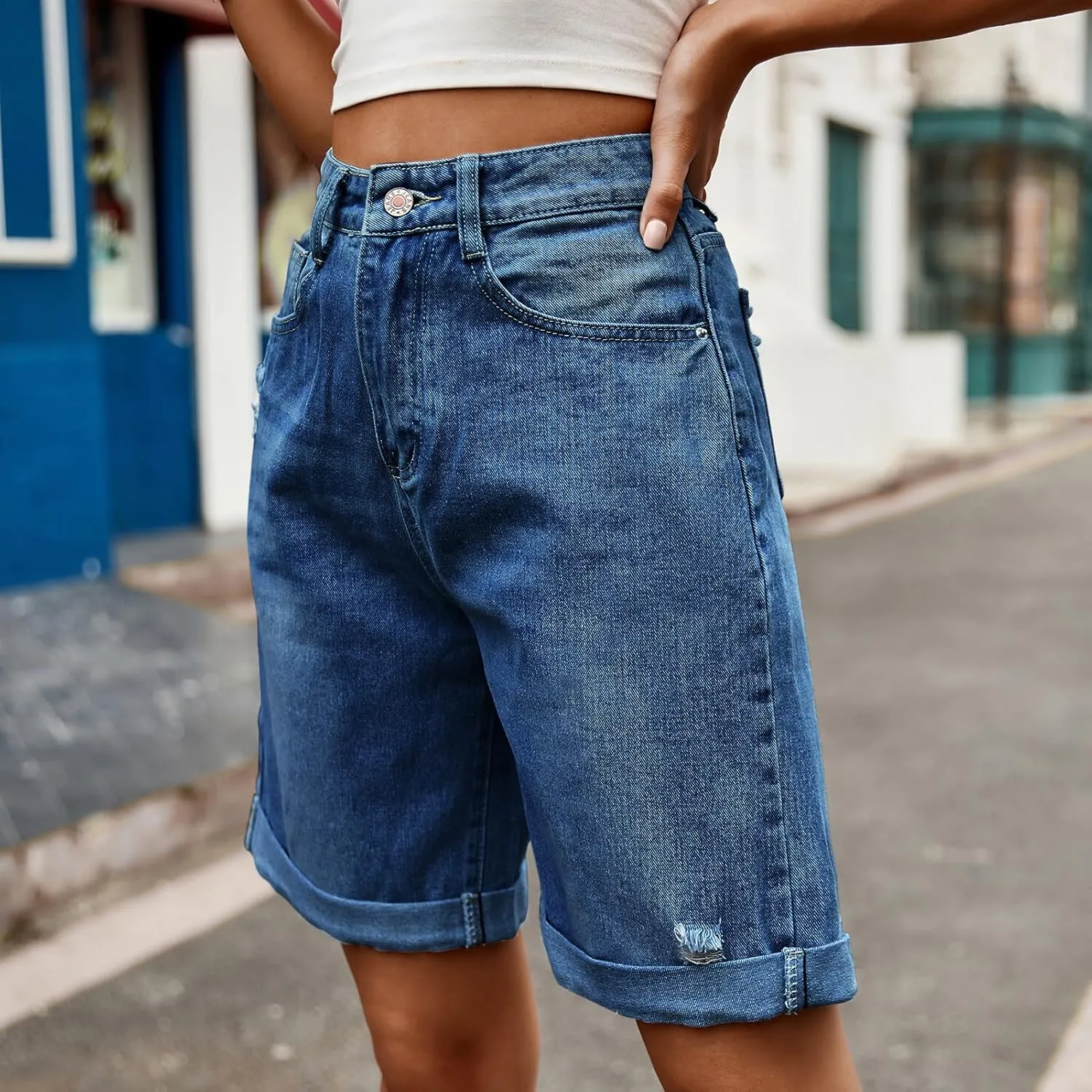 Women's High Waist Long Jean Shorts for Women Girls Denim Shorts Ripped Distressed Jeans Short