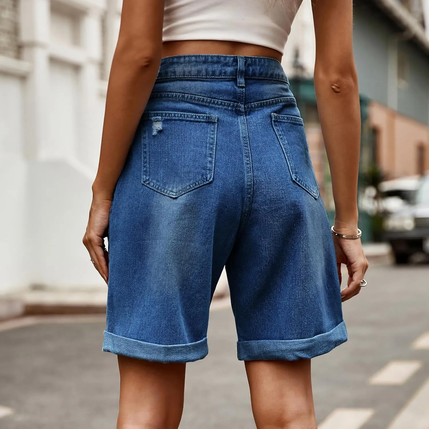 Women's High Waist Long Jean Shorts for Women Girls Denim Shorts Ripped Distressed Jeans Short