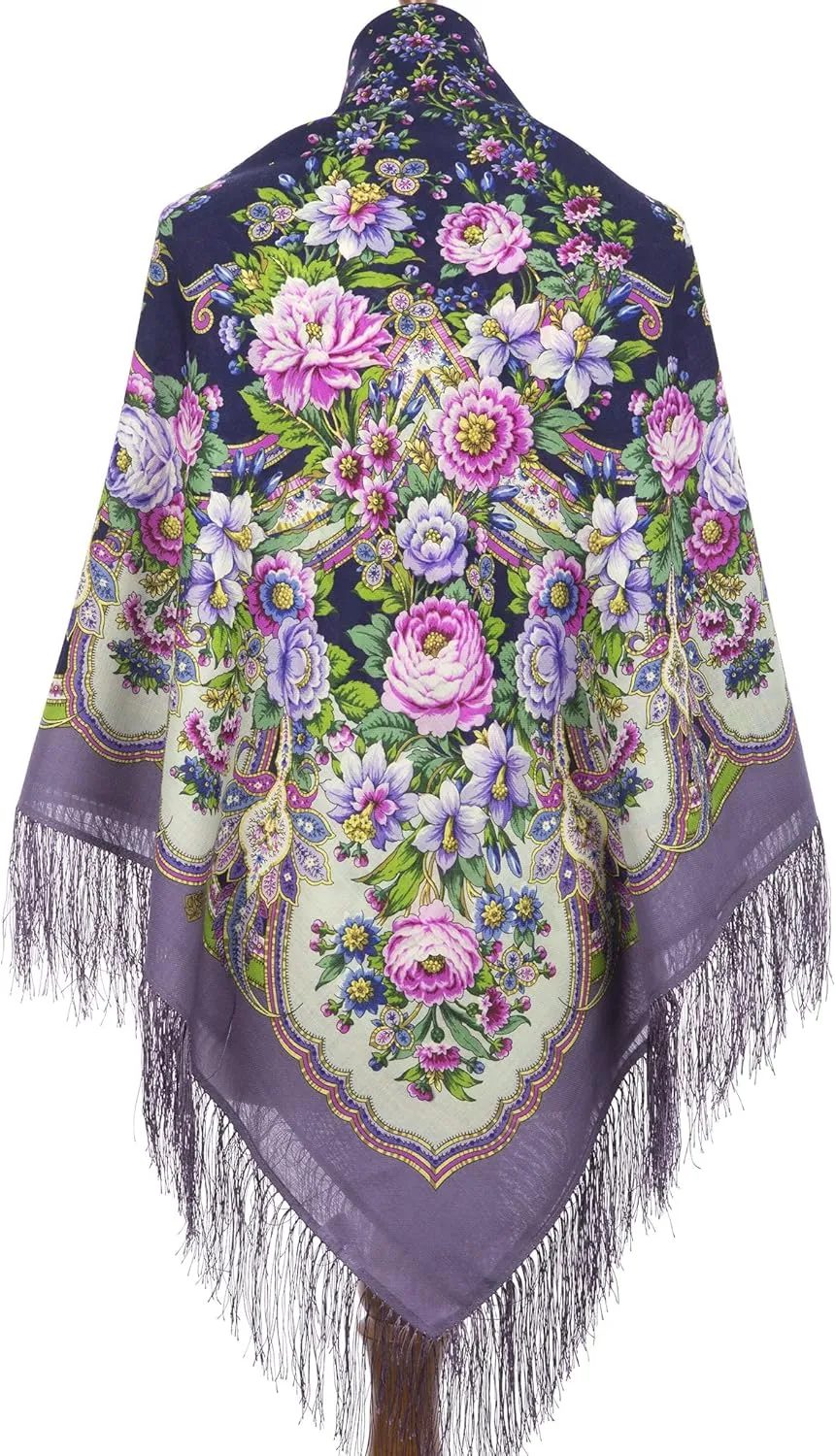 Womens Huge Kerchief Russian Pavlovoposadskiy Platok Virgin Natural Pure 100% Wool Shawl 57x57 inches Russian Scarf 146x146 cm Wrap Silk Fringe 1555-2