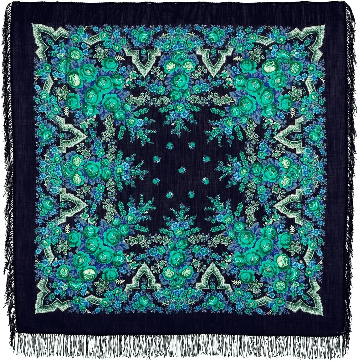 Womens Huge Kerchief Russian Pavlovoposadskiy Platok Virgin Natural Pure 100% Wool Shawl 57x57 inches Russian Scarf 146x146 cm Wrap Woolen Fringe 325-14 Russian Beauty
