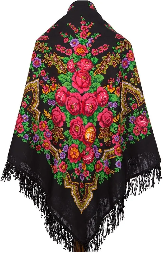 Womens Huge Kerchief Russian Pavlovoposadskiy Platok Virgin Natural Pure 100% Wool Shawl 57x57 inches Russian Scarf 146x146 cm Wrap Woolen Fringe 325-18 Russian Beauty