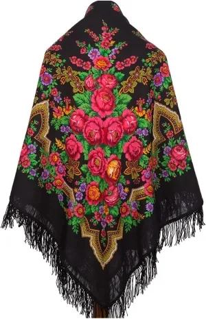 Womens Huge Kerchief Russian Pavlovoposadskiy Platok Virgin Natural Pure 100% Wool Shawl 57x57 inches Russian Scarf 146x146 cm Wrap Woolen Fringe 325-18 Russian Beauty