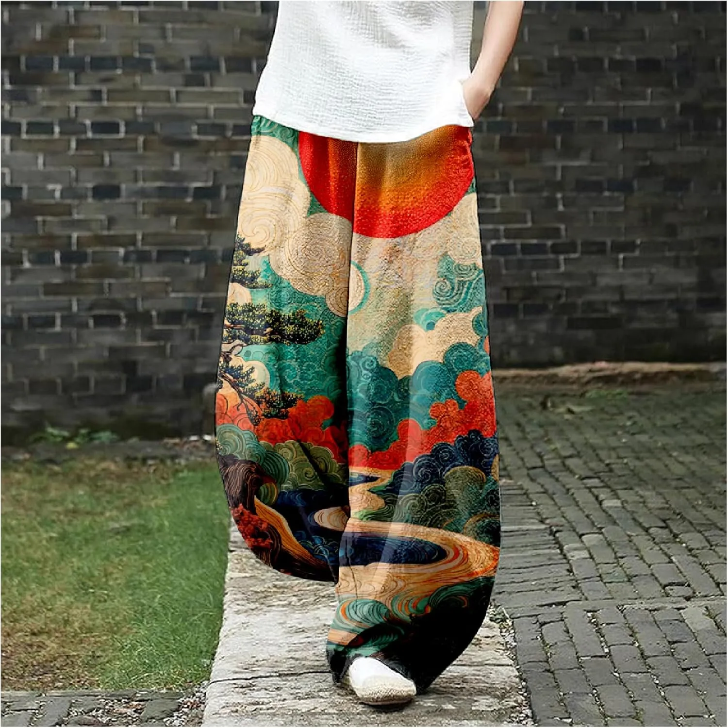Womens Japanese Art Print Baggy Cotton Linen Pants Elastic Waist Wide Leg Flowy Boho Lounge Pants with Pockets
