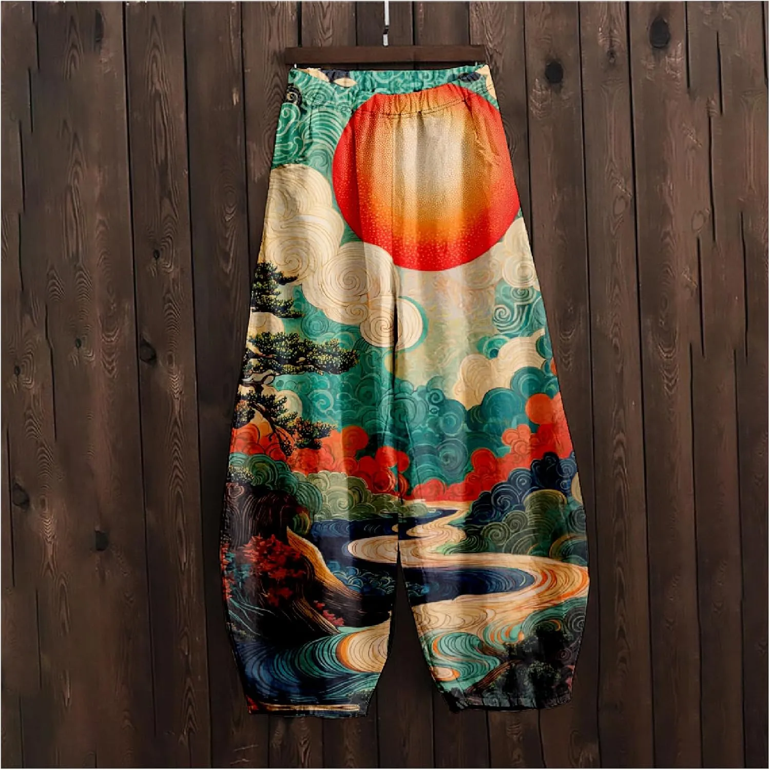 Womens Japanese Art Print Baggy Cotton Linen Pants Elastic Waist Wide Leg Flowy Boho Lounge Pants with Pockets