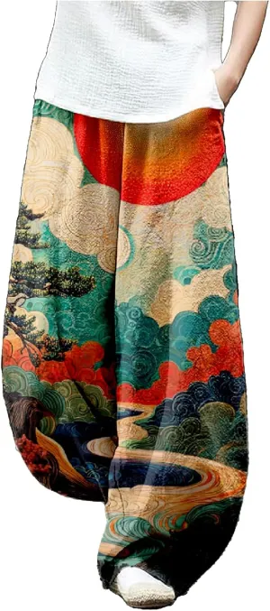 Womens Japanese Art Print Baggy Cotton Linen Pants Elastic Waist Wide Leg Flowy Boho Lounge Pants with Pockets