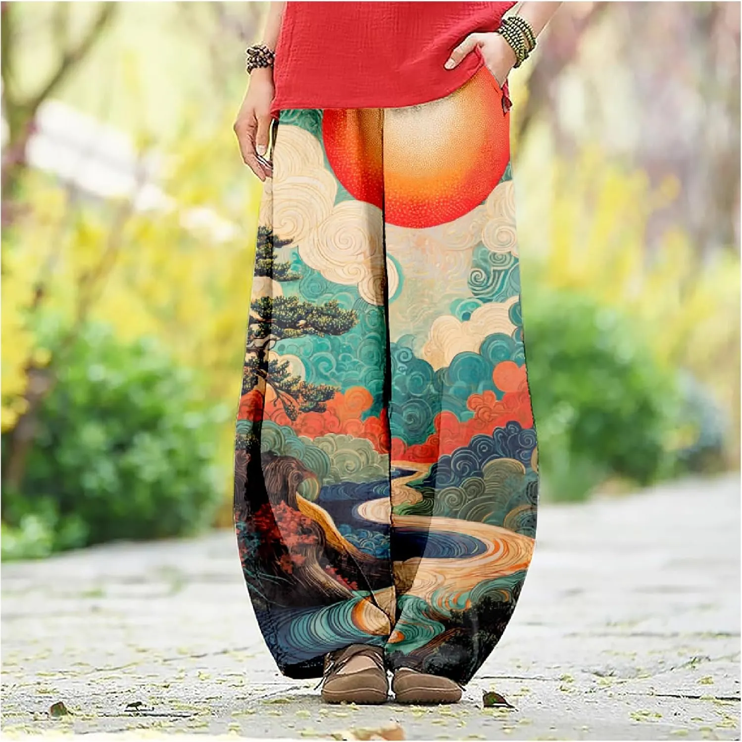 Womens Japanese Art Print Baggy Cotton Linen Pants Elastic Waist Wide Leg Flowy Boho Lounge Pants with Pockets