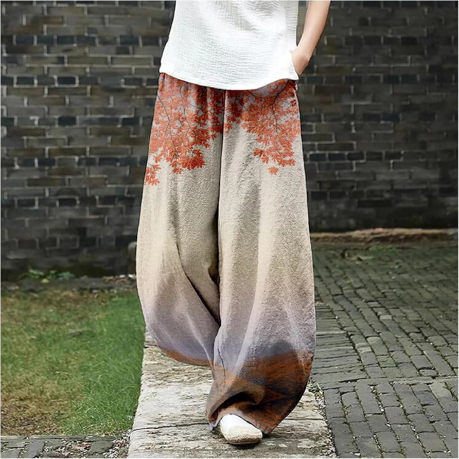 Womens Japanese Art Print Baggy Cotton Linen Pants Elastic Waist Wide Leg Flowy Boho Lounge Pants with Pockets