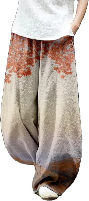 Womens Japanese Art Print Baggy Cotton Linen Pants Elastic Waist Wide Leg Flowy Boho Lounge Pants with Pockets