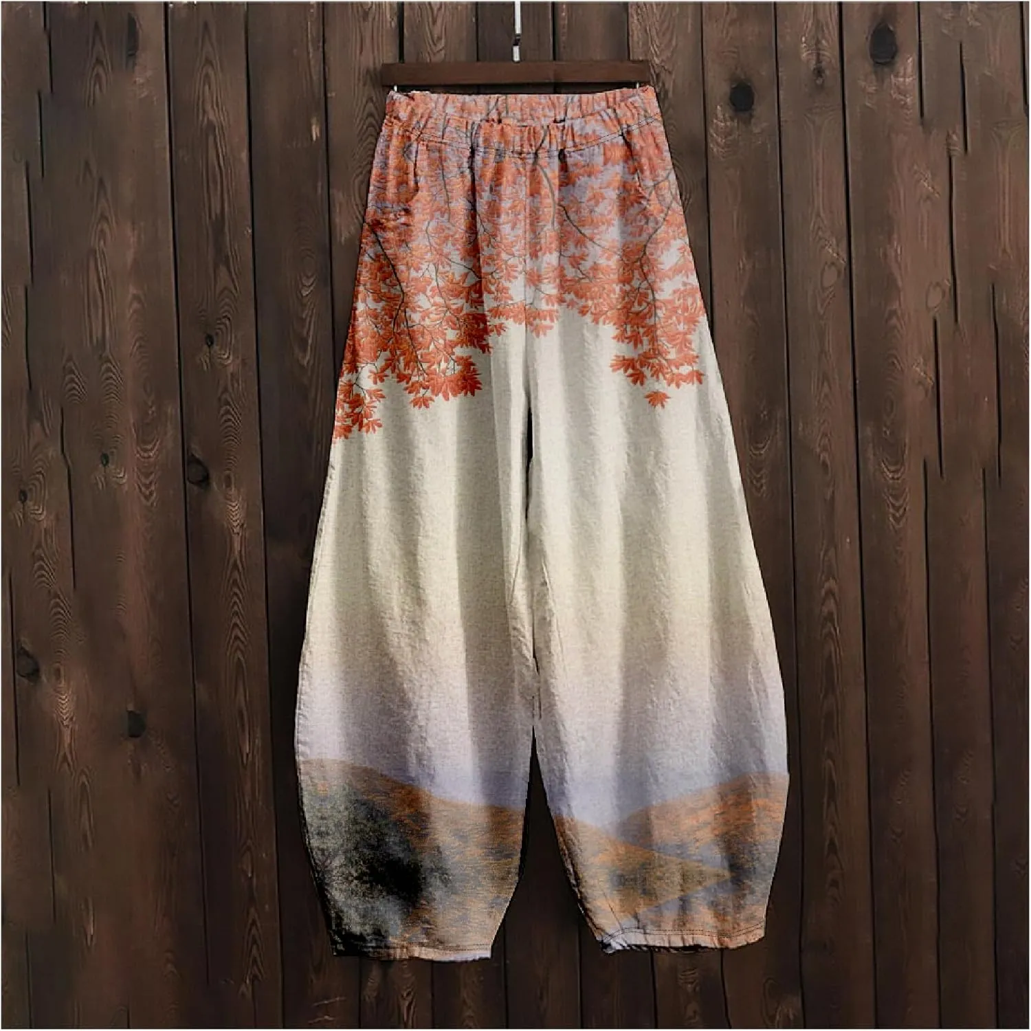 Womens Japanese Art Print Baggy Cotton Linen Pants Elastic Waist Wide Leg Flowy Boho Lounge Pants with Pockets