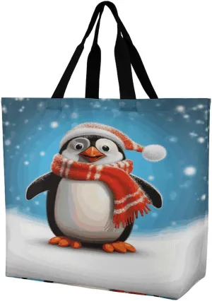Women's Large-capacity Shoulder Shopping Bag Reusable Foldable Shopping Bags Christmas Funny Penguin Beach Bag