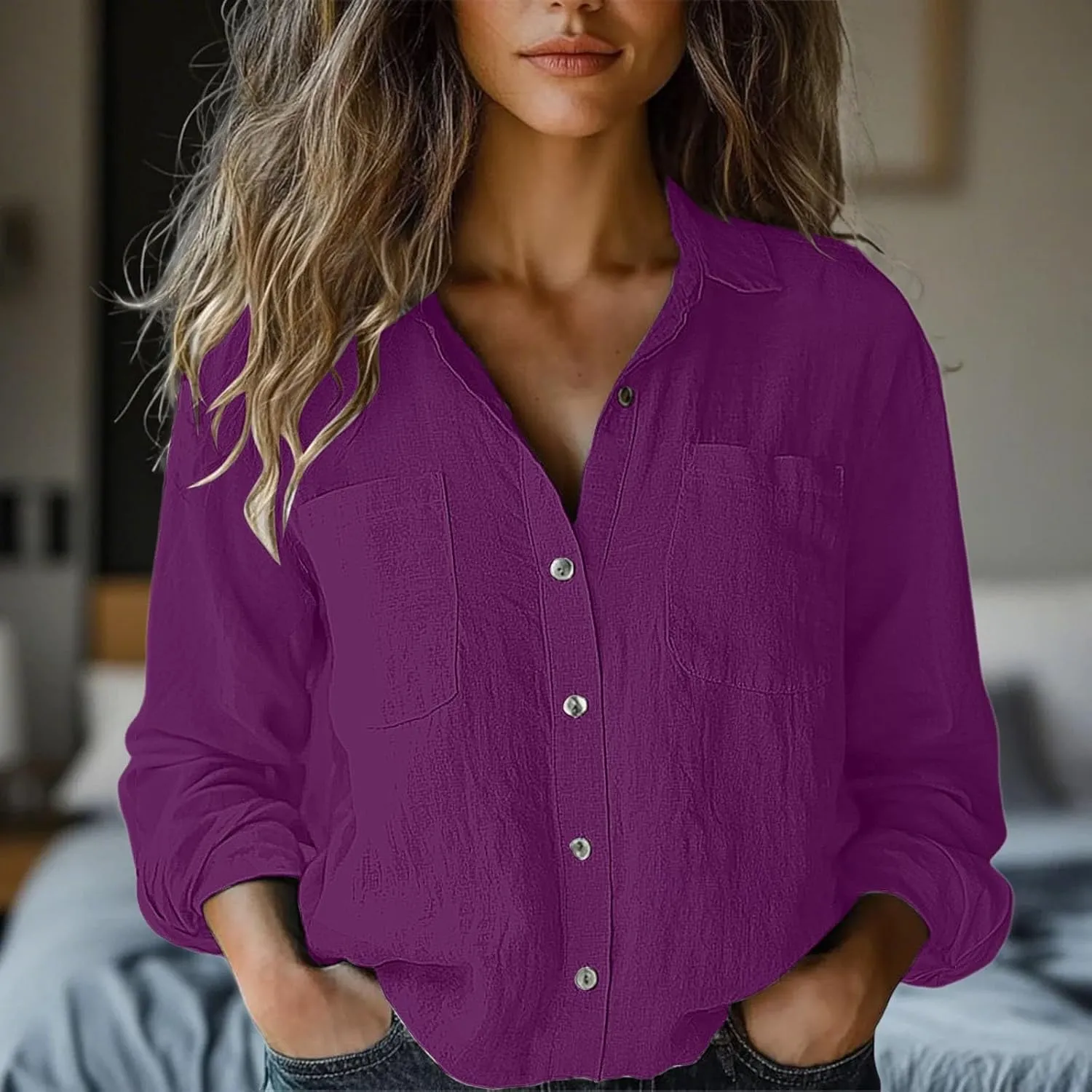 Women's Linen Blouse Women's Floral Butterfly Print Natural Autumn Fragrant Office Drop Shoulder Blouse Long Sleeve