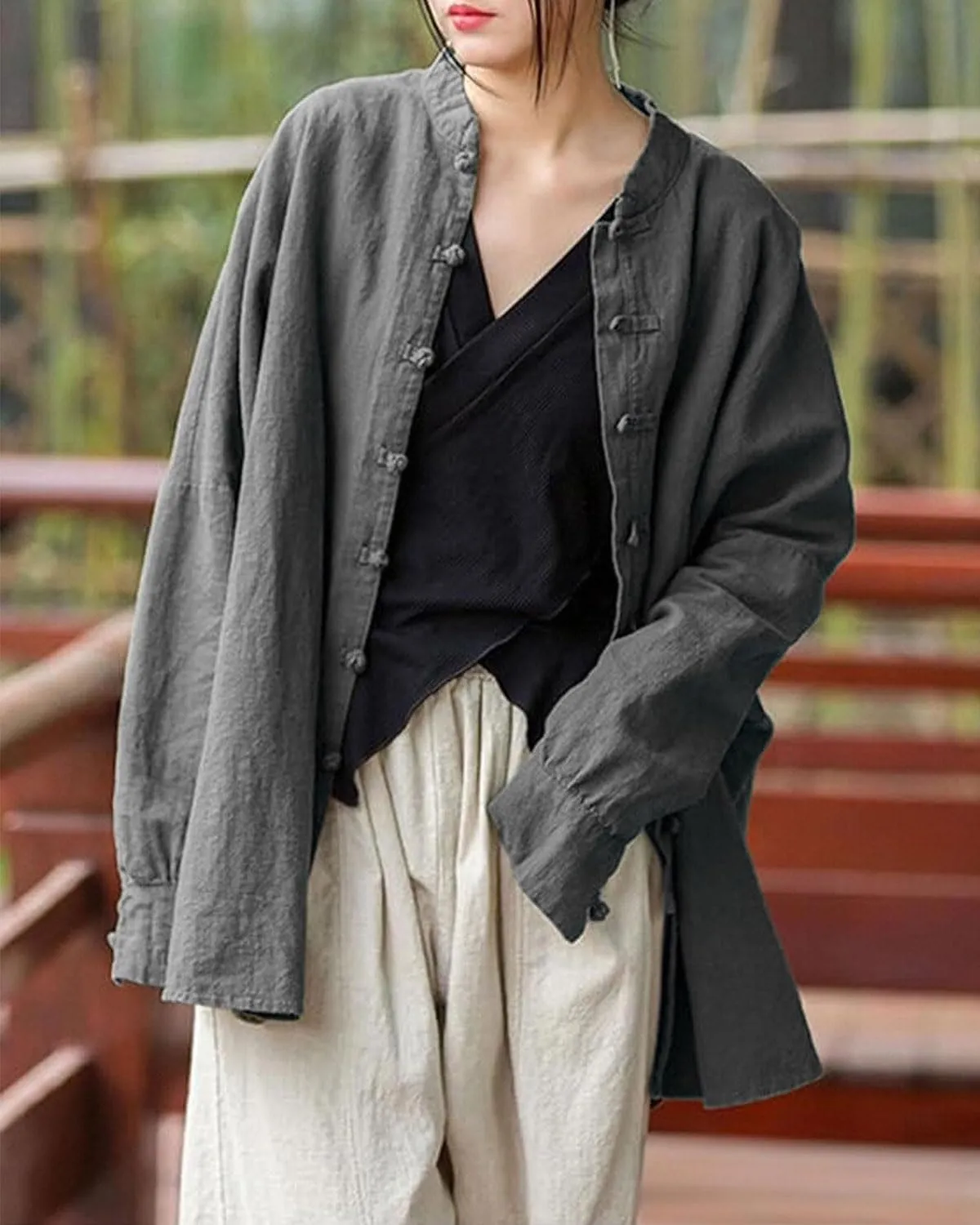 Women's Linen Oversized Blouses Vintage Long Sleeve Jackets Loose fit Chinese Frog Shirts
