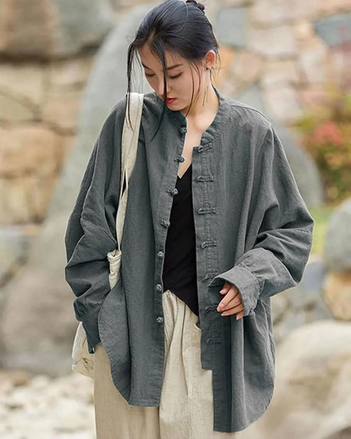 Women's Linen Oversized Blouses Vintage Long Sleeve Jackets Loose fit Chinese Frog Shirts