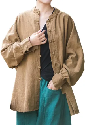 Women's Linen Oversized Blouses Vintage Long Sleeve Jackets Loose fit Chinese Frog Shirts