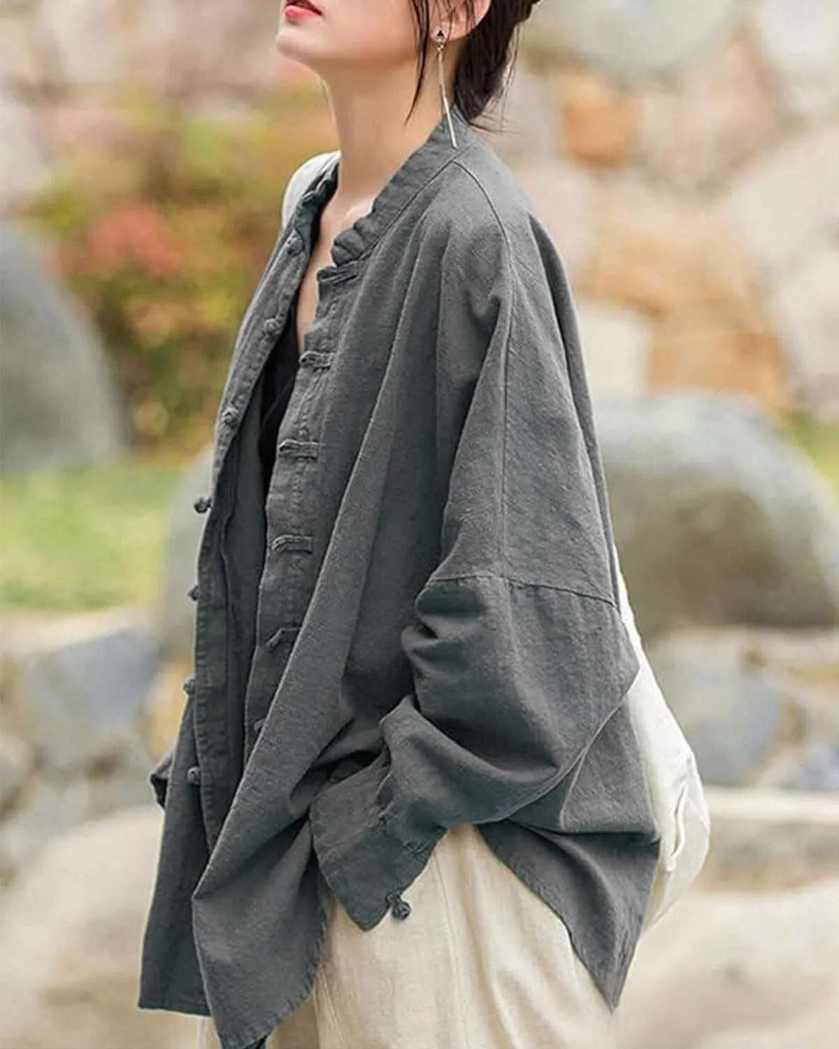 Women's Linen Oversized Blouses Vintage Long Sleeve Jackets Loose fit Chinese Frog Shirts