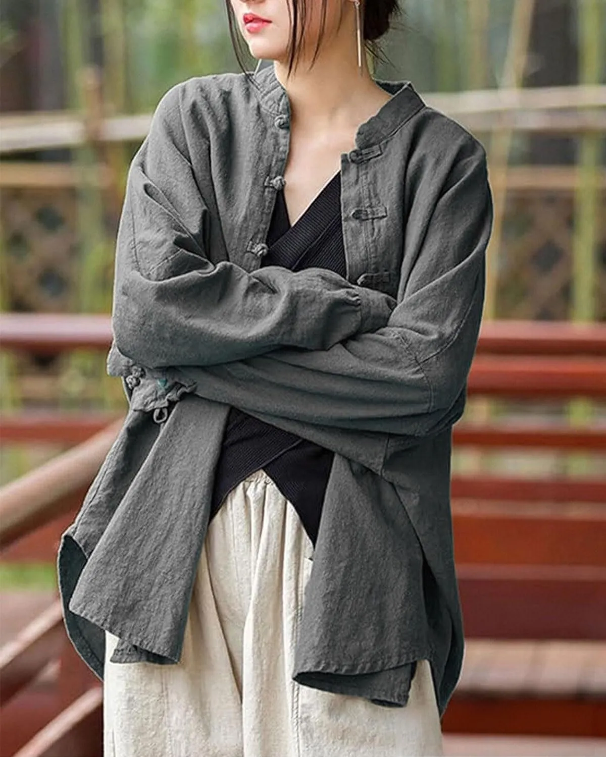 Women's Linen Oversized Blouses Vintage Long Sleeve Jackets Loose fit Chinese Frog Shirts