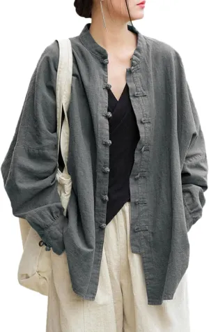 Women's Linen Oversized Blouses Vintage Long Sleeve Jackets Loose fit Chinese Frog Shirts