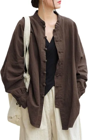 Women's Linen Oversized Blouses Vintage Long Sleeve Jackets Loose fit Chinese Frog Shirts