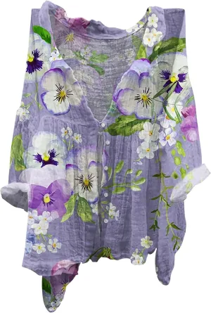 Women's Linen Oversized Blouses Vintage Women's Retro Floral Art Print Casual Long Boyfriend Dress Shirt