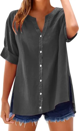 Women's Linen Shirt Stand Collar Solid Color Tops 3/4 Sleeve Casual T-Shirt Fashionable Comfy Loose Button Blouse
