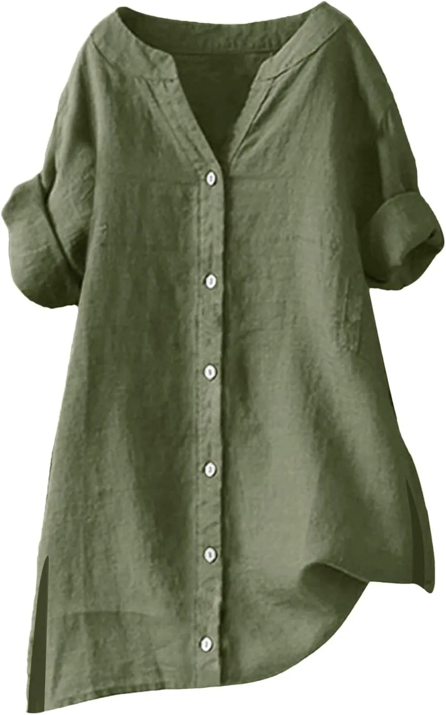 Women's Linen Shirt Stand Collar Solid Color Tops 3/4 Sleeve Casual T-Shirt Fashionable Comfy Loose Button Blouse