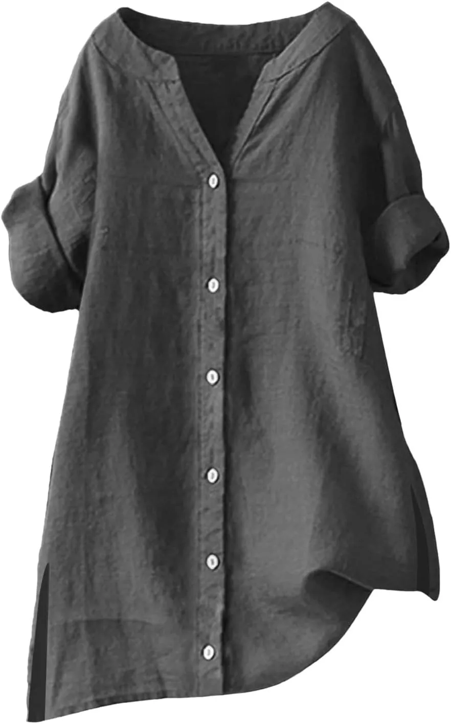 Women's Linen Shirt Stand Collar Solid Color Tops 3/4 Sleeve Casual T-Shirt Fashionable Comfy Loose Button Blouse