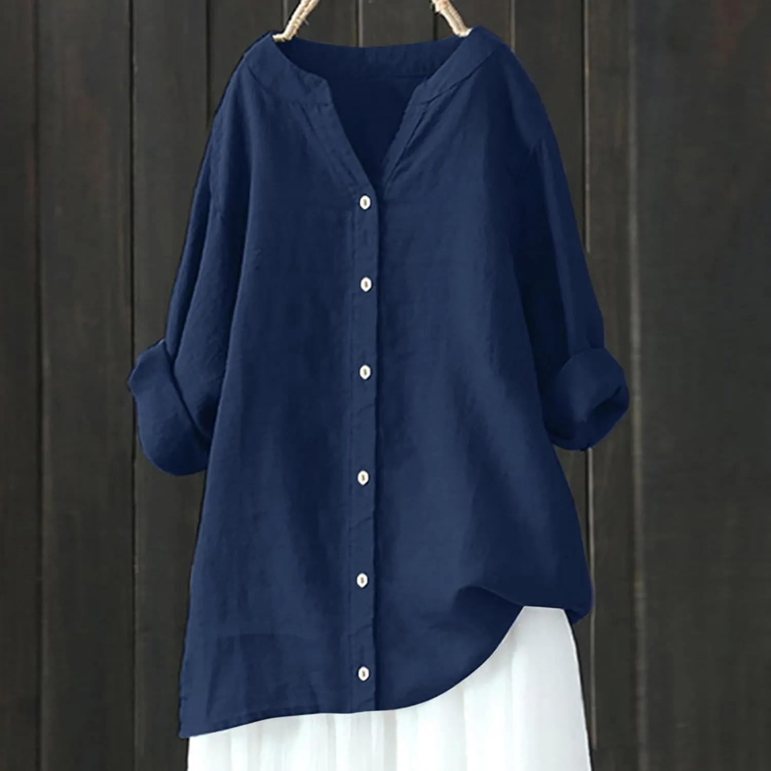 Women's Linen Shirts 2024 Solid Color Medium Sleeve Collar Casual Women's Shirt Women's Shirt Tops for Women Swim