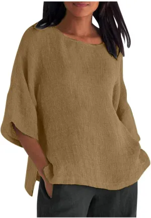 Womens Linen Shirts Short Sleeve Casual T-Shirts Trendy Loose Fit Round Neck Blouse Fashion Solid Color Tops