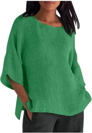 Womens Linen Shirts Short Sleeve Casual T-Shirts Trendy Loose Fit Round Neck Blouse Fashion Solid Color Tops
