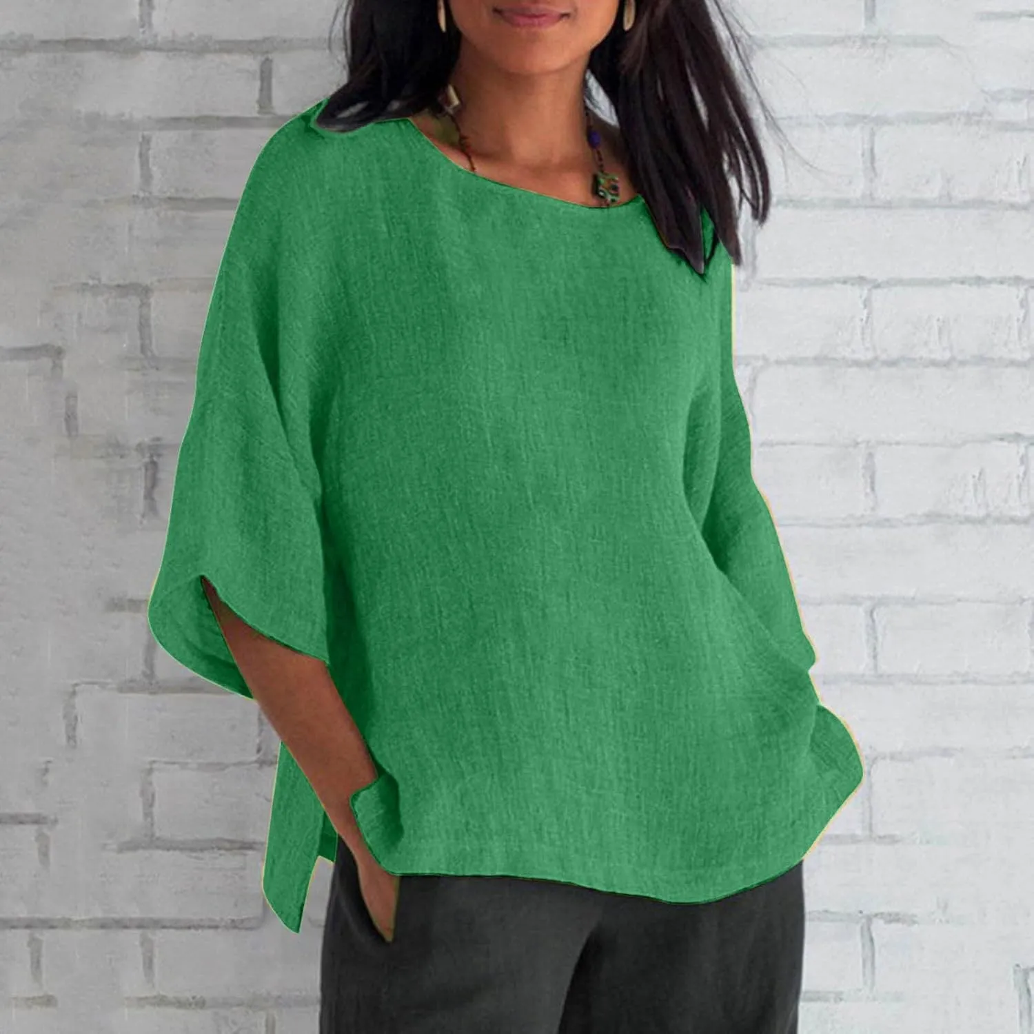 Womens Linen Shirts Short Sleeve Casual T-Shirts Trendy Loose Fit Round Neck Blouse Fashion Solid Color Tops