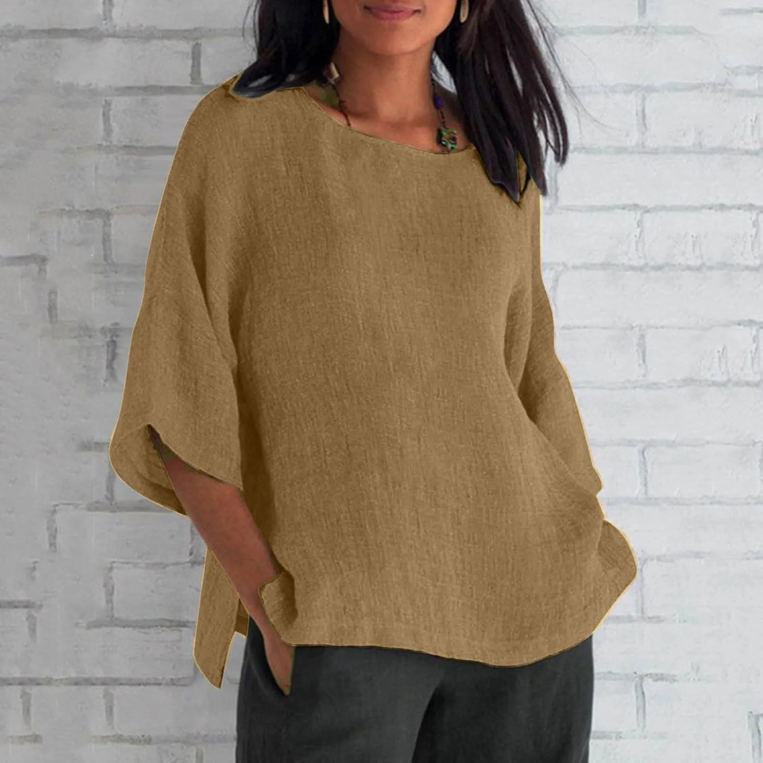 Womens Linen Shirts Short Sleeve Casual T-Shirts Trendy Loose Fit Round Neck Blouse Fashion Solid Color Tops