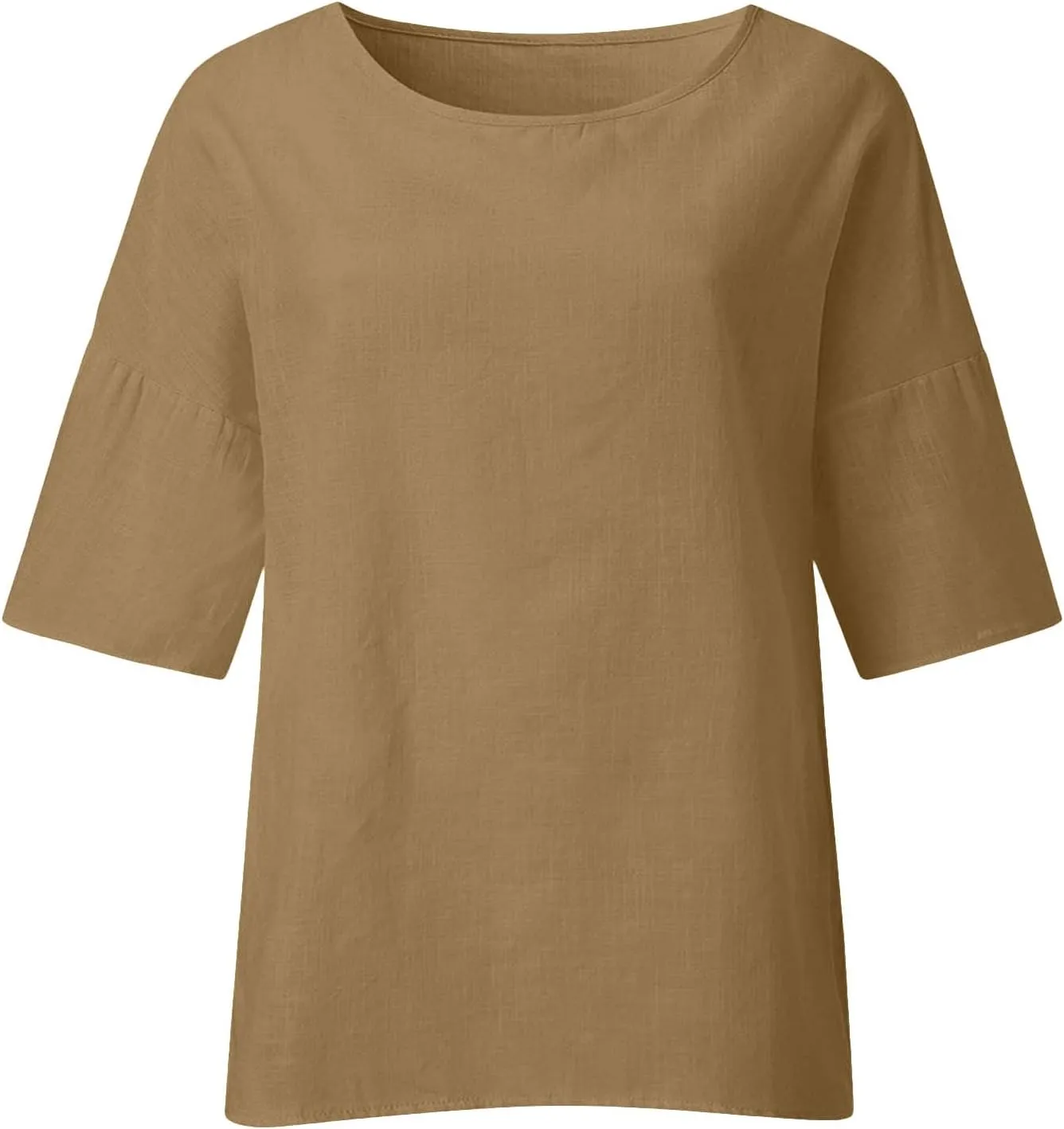 Womens Linen Shirts Short Sleeve Casual T-Shirts Trendy Loose Fit Round Neck Blouse Fashion Solid Color Tops