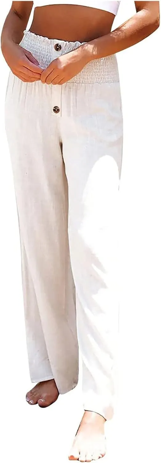 Women's Linen Summer Palazzo Pants Lounge Loose Paperbag Waist Trousers Solid Comfy Pants Summer Outfits 2025 Trendy