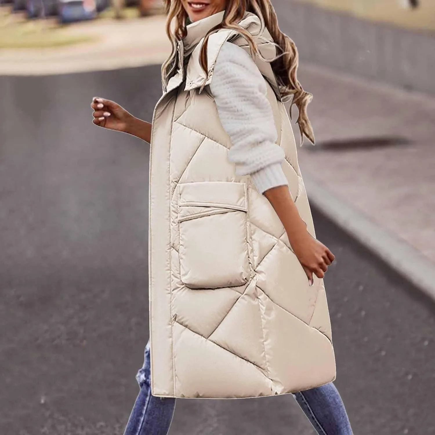Women's Long Down Vest with Hooded Zipper Quilted Puffer Jacket Plus Size Winter Warm Slim Fit Coats Outdoor Vest