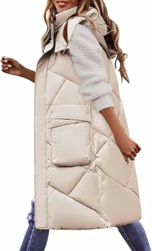 Women's Long Down Vest with Hooded Zipper Quilted Puffer Jacket Plus Size Winter Warm Slim Fit Coats Outdoor Vest