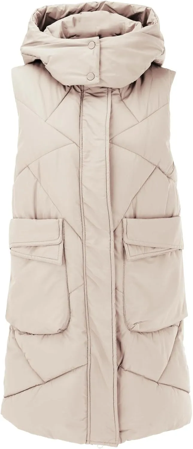 Women's Long Down Vest with Hooded Zipper Quilted Puffer Jacket Plus Size Winter Warm Slim Fit Coats Outdoor Vest