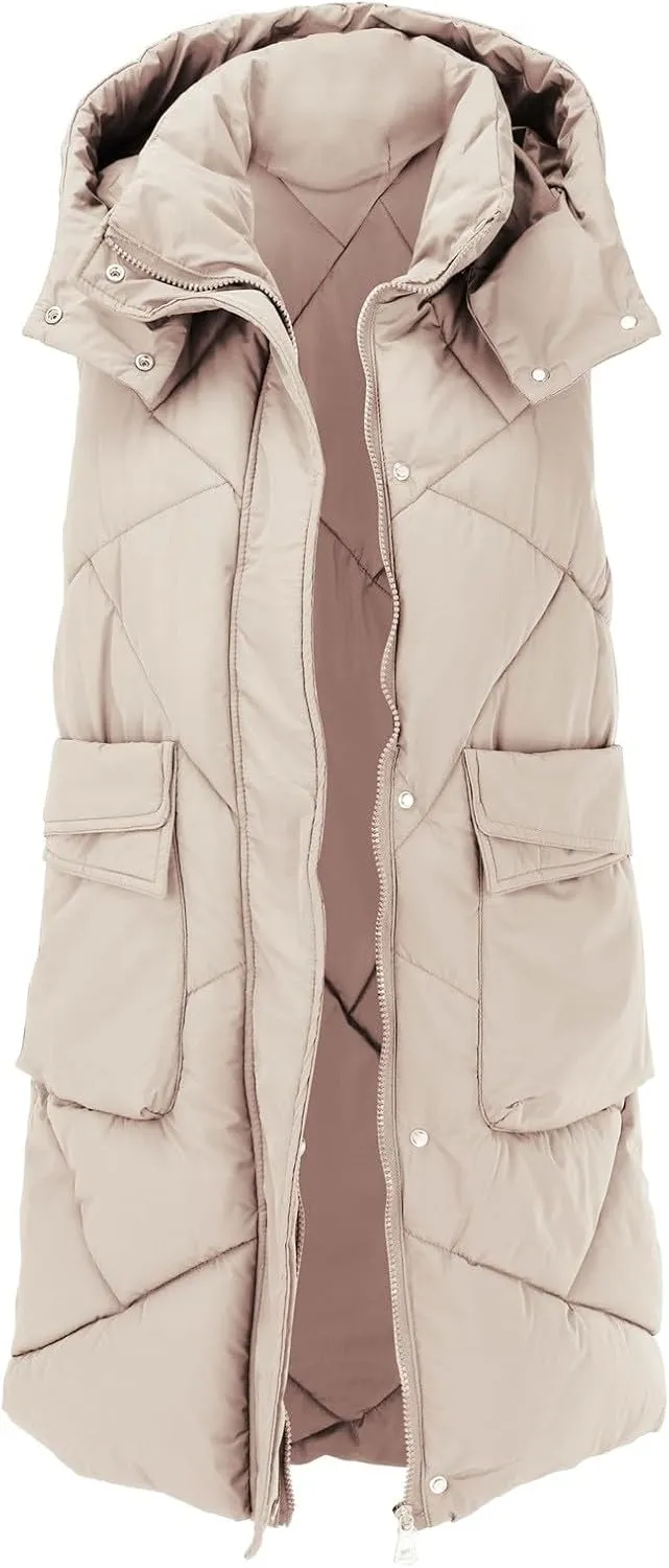 Women's Long Down Vest with Hooded Zipper Quilted Puffer Jacket Plus Size Winter Warm Slim Fit Coats Outdoor Vest