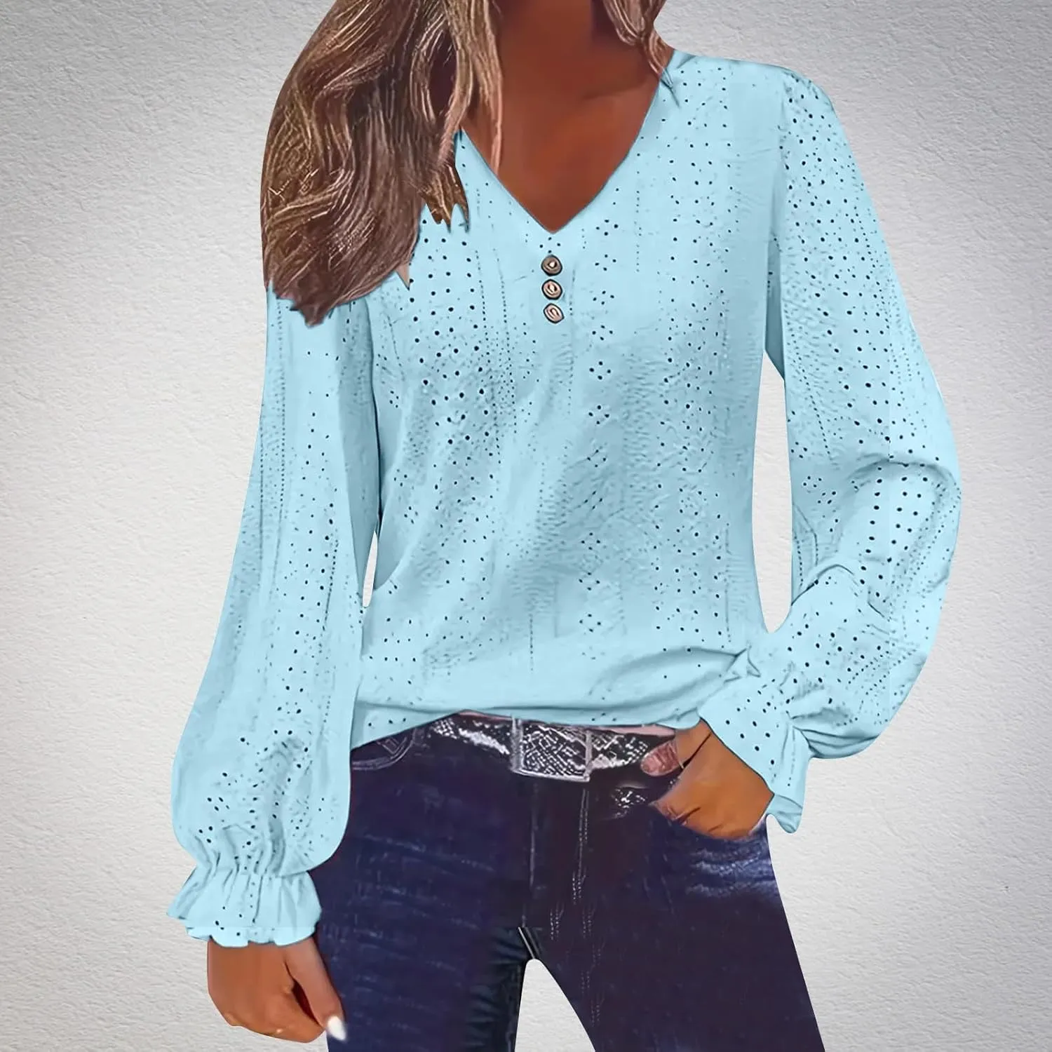 Womens Long Sleeve Eyelet Tops Solid Color V Neck Shirts Puff Sleeves Loose Fit Casual Blouses Fall Clothing
