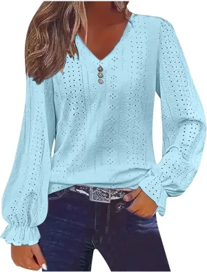 Womens Long Sleeve Eyelet Tops Solid Color V Neck Shirts Puff Sleeves Loose Fit Casual Blouses Fall Clothing
