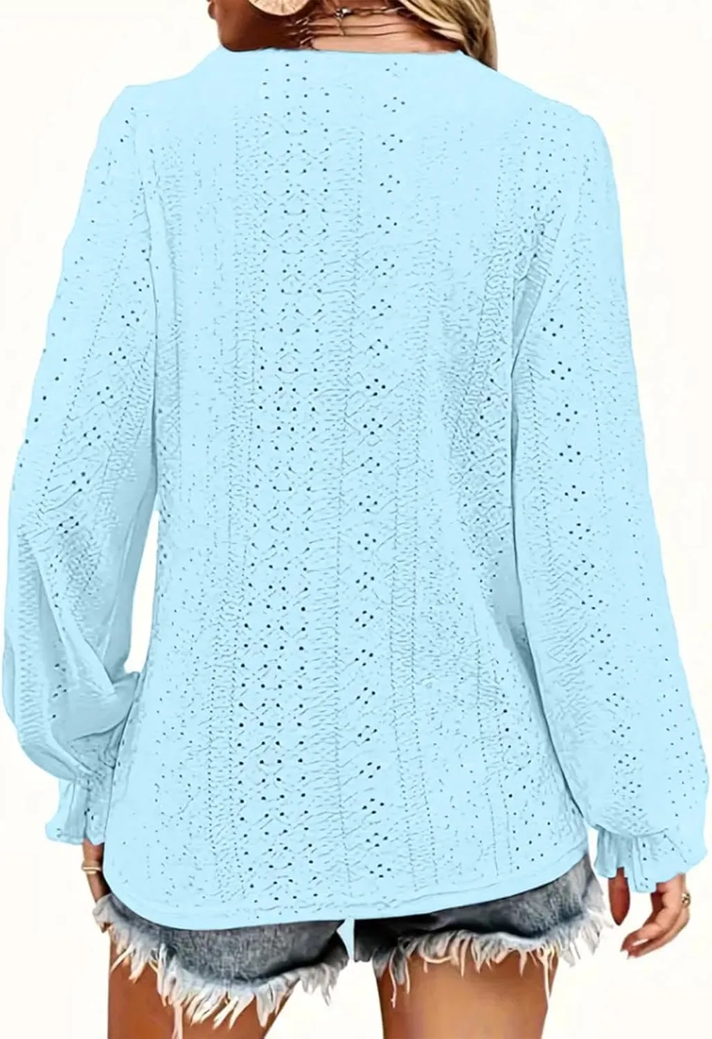 Womens Long Sleeve Eyelet Tops Solid Color V Neck Shirts Puff Sleeves Loose Fit Casual Blouses Fall Clothing