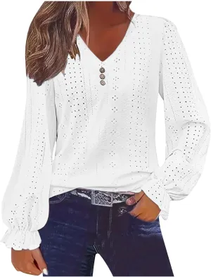 Womens Long Sleeve Eyelet Tops Solid Color V Neck Shirts Puff Sleeves Loose Fit Casual Blouses Fall Clothing