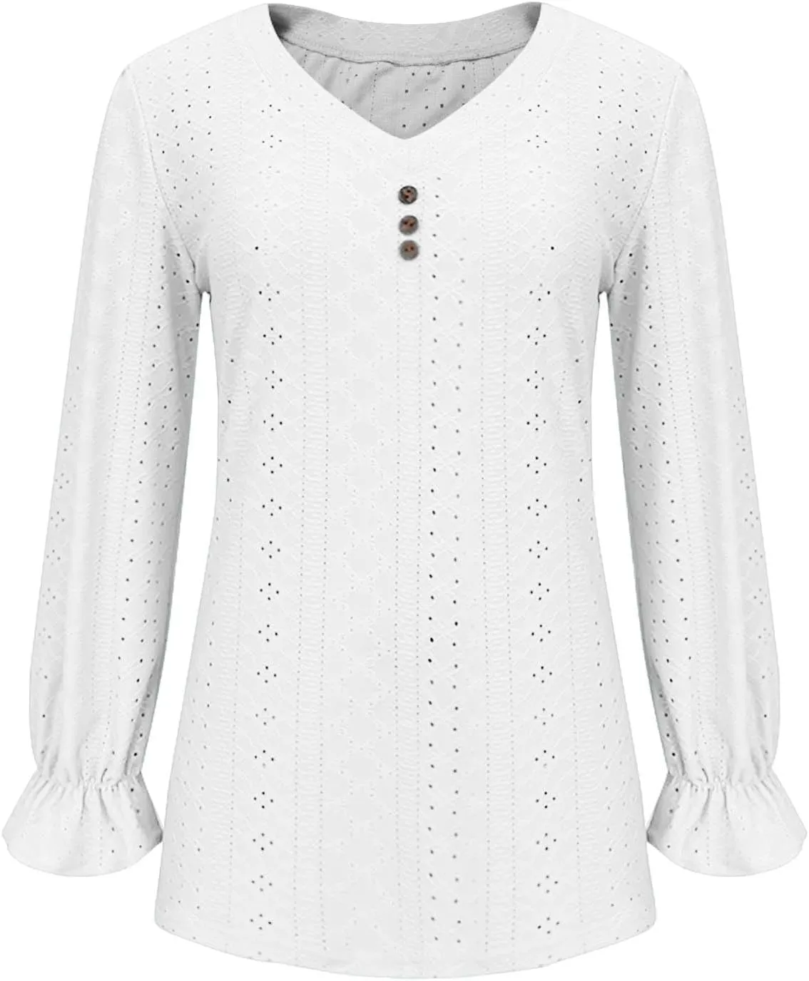 Womens Long Sleeve Eyelet Tops Solid Color V Neck Shirts Puff Sleeves Loose Fit Casual Blouses Fall Clothing