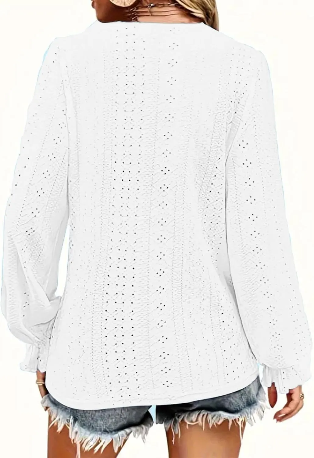 Womens Long Sleeve Eyelet Tops Solid Color V Neck Shirts Puff Sleeves Loose Fit Casual Blouses Fall Clothing