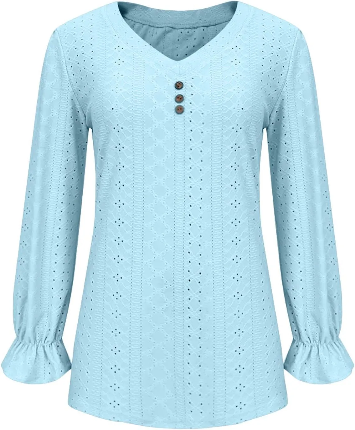 Womens Long Sleeve Eyelet Tops Solid Color V Neck Shirts Puff Sleeves Loose Fit Casual Blouses Fall Clothing
