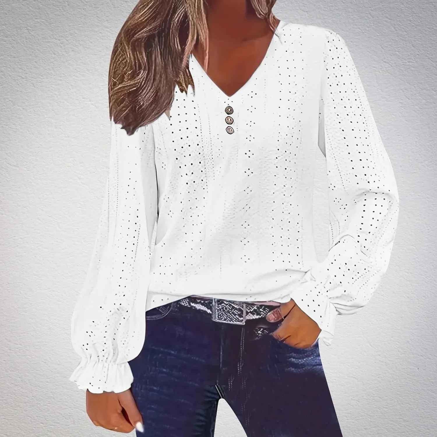 Womens Long Sleeve Eyelet Tops Solid Color V Neck Shirts Puff Sleeves Loose Fit Casual Blouses Fall Clothing